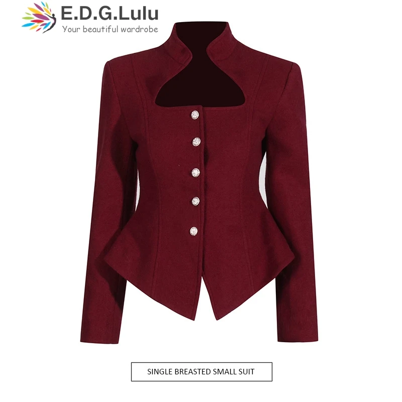 EDGLuLu French Retro Collar Single Breasted Red Blouse Woman Casual Fashion Tailored Irregular Top 2024 Autumn New 1028