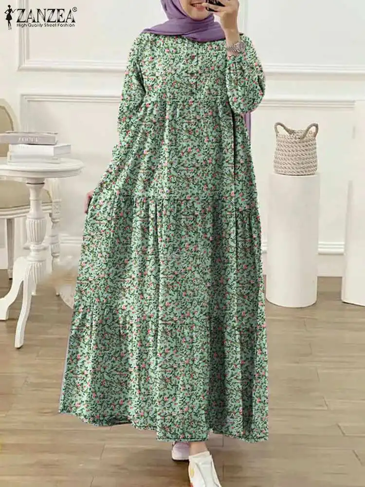 ZANZEA-vestido Abaya musulmán de manga larga para mujer, traje elegante con dobladillo y volantes, bohemio, Floral, para primavera y otoño, 2024