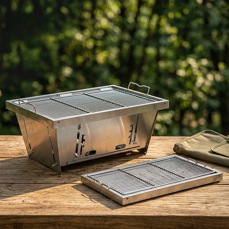Quick Open Foldable Camping Charcoal Grill, Portable Stainless Steel Tabletop BBQ Stove for Outdoor Barbecue