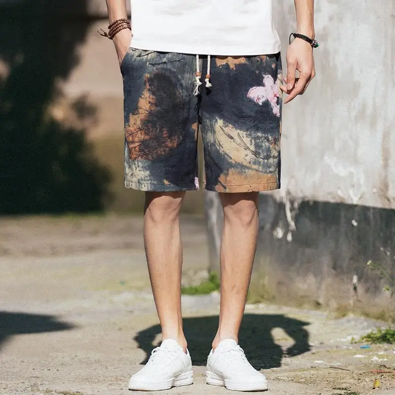 Cotton Linen Men\'s Shorts New in Pant Graphic Elastic Male Short Pants with Ice Drawstring Personalizate Printed Stylish Floral