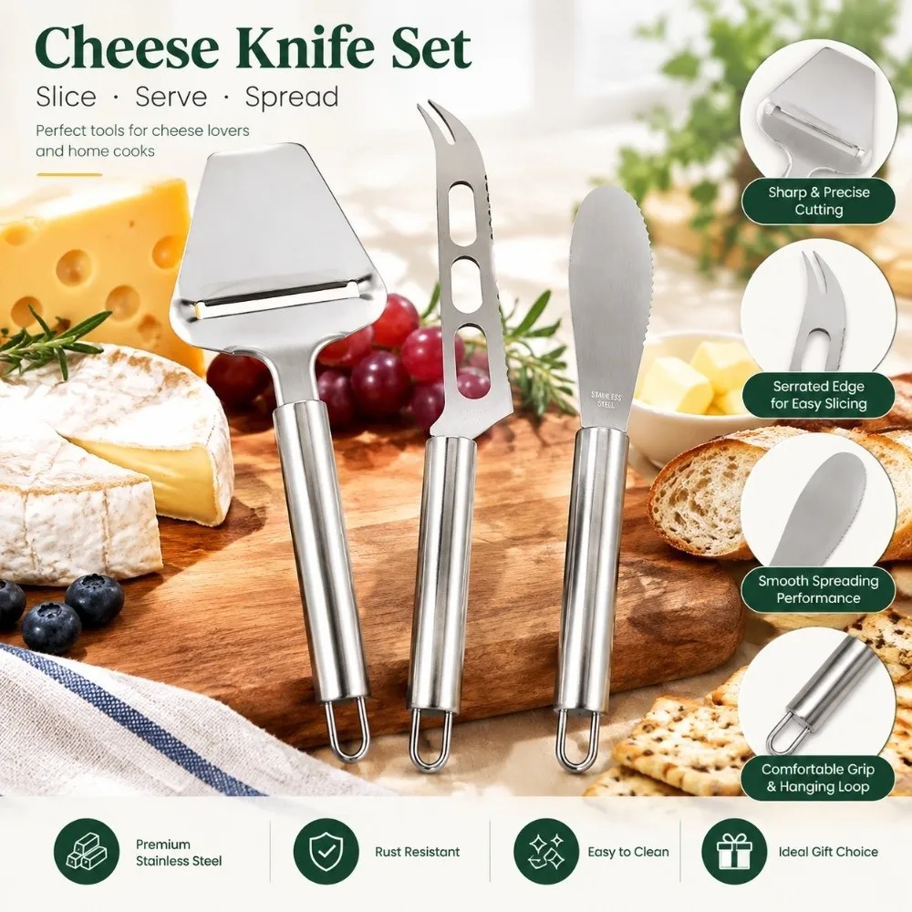 Stainless Steel Cheese Knife Set Silver Ergonomic Handle Kitchen Gadgets Kit Convenient Cheese Cutter Tool Jam Spreading