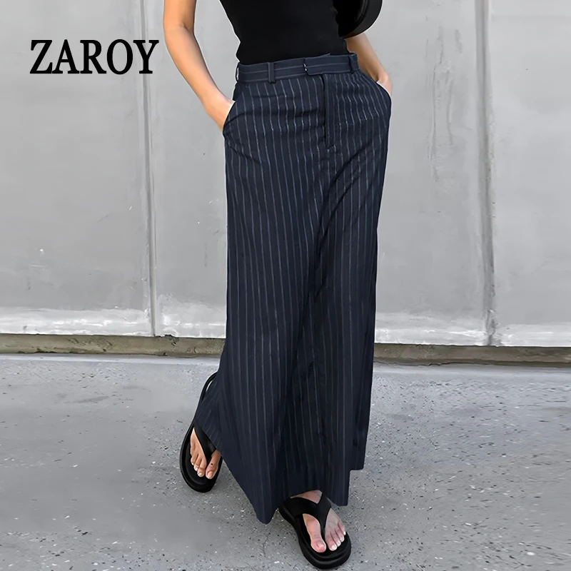 

ZAROY Autumn Stripe Straight Long Skirt Elegant Office Ladies High Waist Pencil Maix Skirts Fashion Casual Streetwear Falda юб