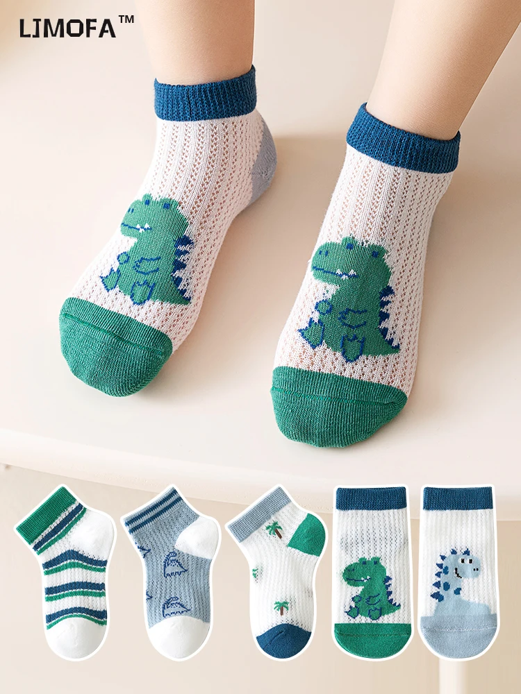 

LJMOFA 5Pairs Kids Socks For Boys Summer Cotton Animal Socks Dinosaur Cute Cool Thin Children Socks Mesh Baby Toddler Socks C175