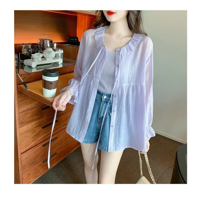 Einfarbige, dünne Sonnenschutz-Oberteile aus Chiffon für Damen, modische, vielseitige Strickjacke mit Rundhalsausschnitt und langen Ärmeln und Knopfleiste