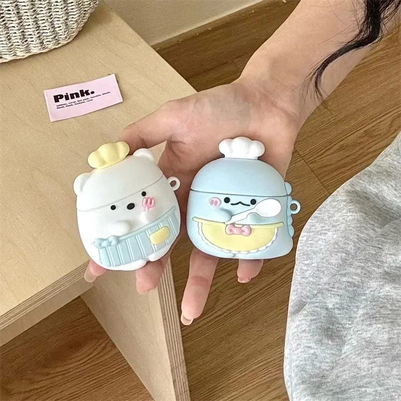 

Cute apron chef white bear and chef disaur headphone protective cover for Airpods 1 2 3 4 pro pro2