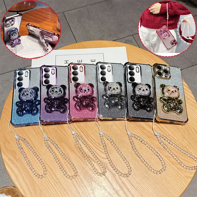 4 Corner Shockproof Phone Case with Cute Bear Stand Crystal Chain Lanyard Glitter Transparent For Oppo Realme C71 4G Back Cover