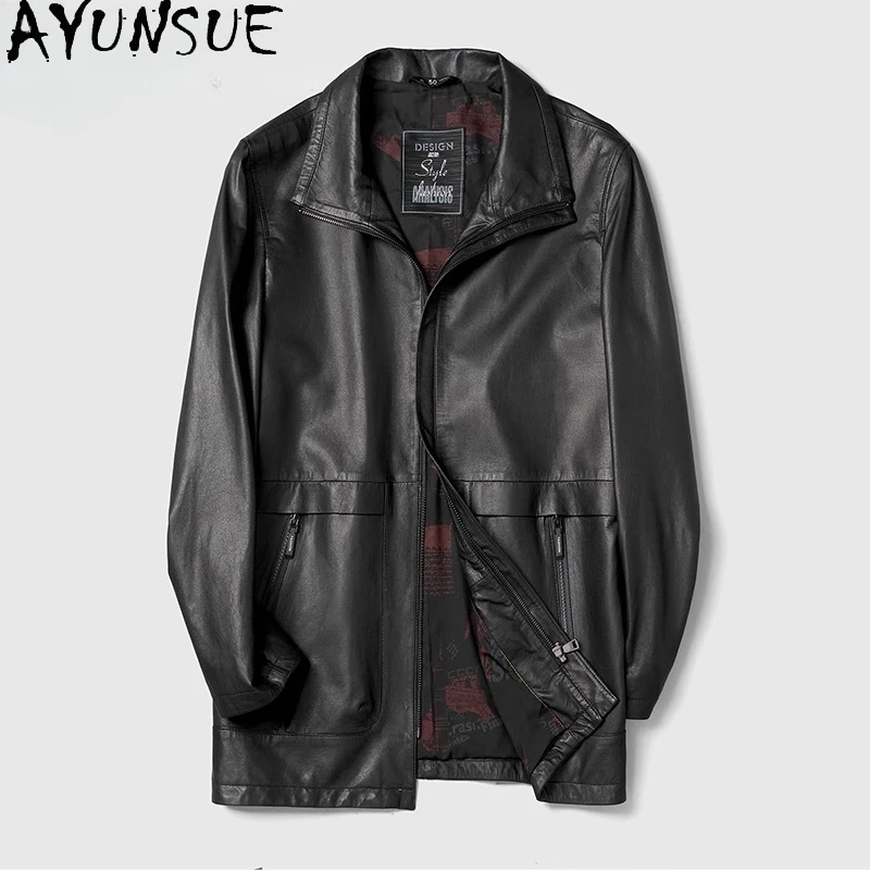 AYUNSUE Genuine Sheepskin Leather Jacket Men 2025 Mid-length Real Leather Trench Coat Man Black Thin Leather Jackets Abrigos