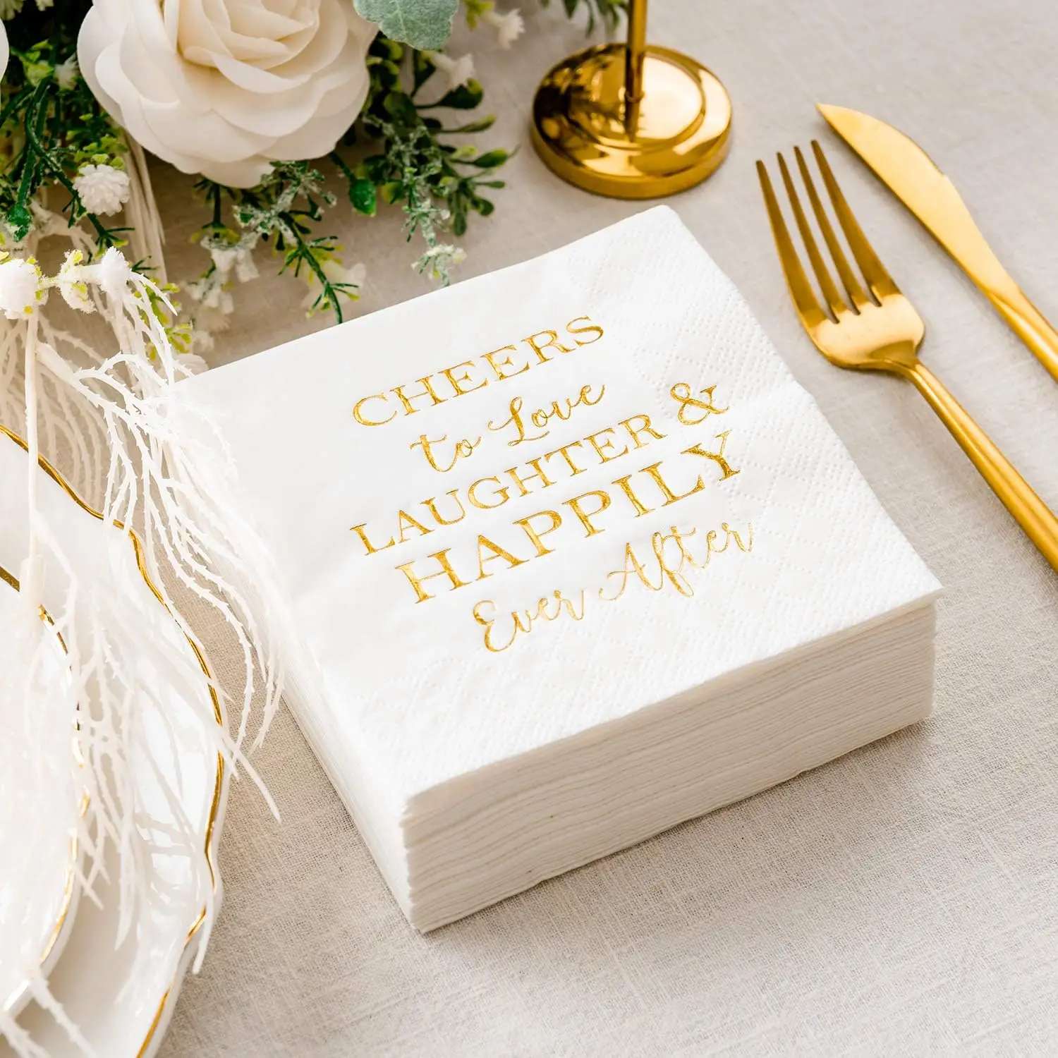 Disposable Cocktail Napkins for Bridal Shower, Gold Foil Text, Beverage Napkins for Engagement Party Decoration, 3 Ply, 50 Count