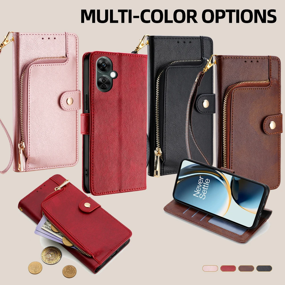 GEFENIS Zipper Wallet Phone Case For Oneplus Nord CE 3 2 Lite 2T N30 N20 SE N300 N200 Lite Leather Flip Case Card Slots Lanyard