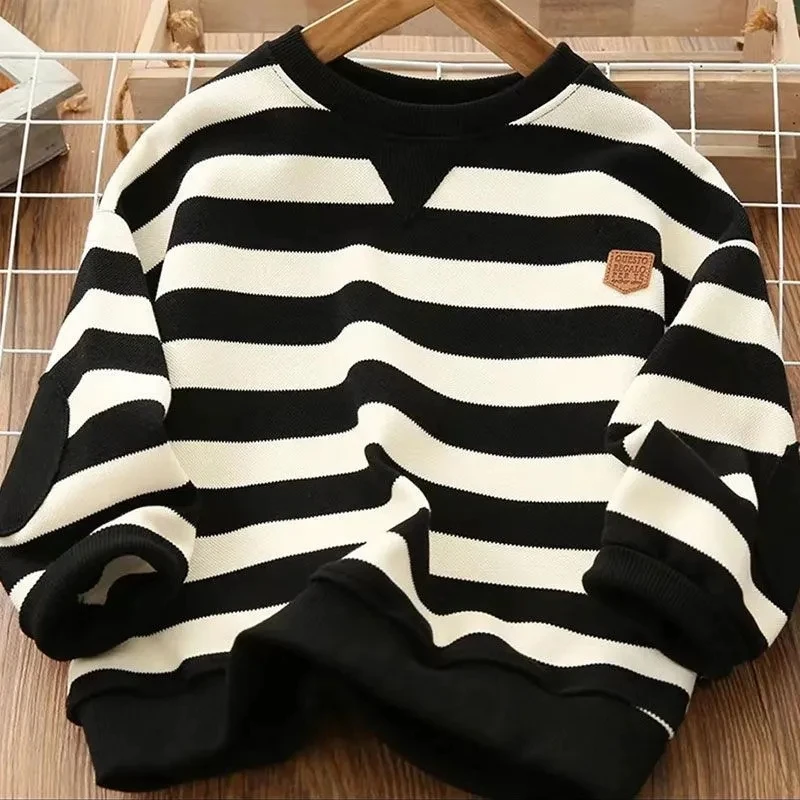 Teenage Boys\' Sweater 2024 Spring and Autumn Children\'s Casual Top New Big Boy Stripe Loose T-shirt Sweater