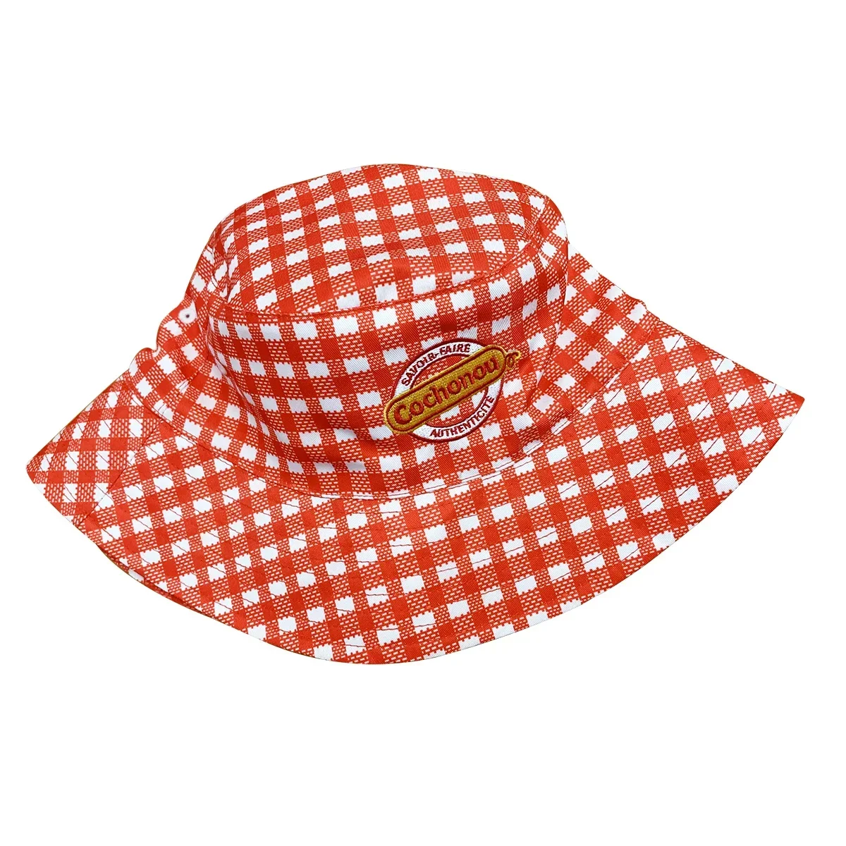 Cochonou-Sombrero de cubo con bordado Bob para hombre y mujer, gorro de playa plegable para vacaciones, pesca, estilo a cuadros rojos, 62cm