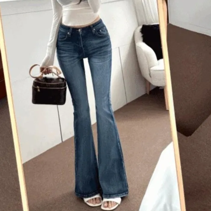 Retro High Waist Flared Jeans Korean Style Autumn Winter Slim Fit Body Shaping Deep Blue Denim Pants Elegant Hip Line