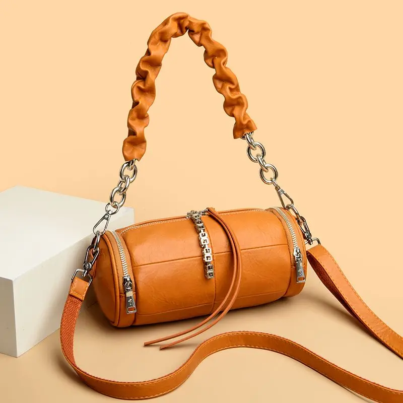 

Pillow Bag Women's First-layer Soft Leather Cylinder Bag Portable Messenger Bag Mini Exquisite Personality Leisure Simple Trend