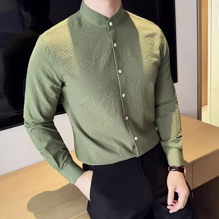 Chinese-Style Stand Collar Long-Sleeved Shirt, Men's High-Grade Stretch Seersucker, Business Casual Slim-Fitting Top, Office