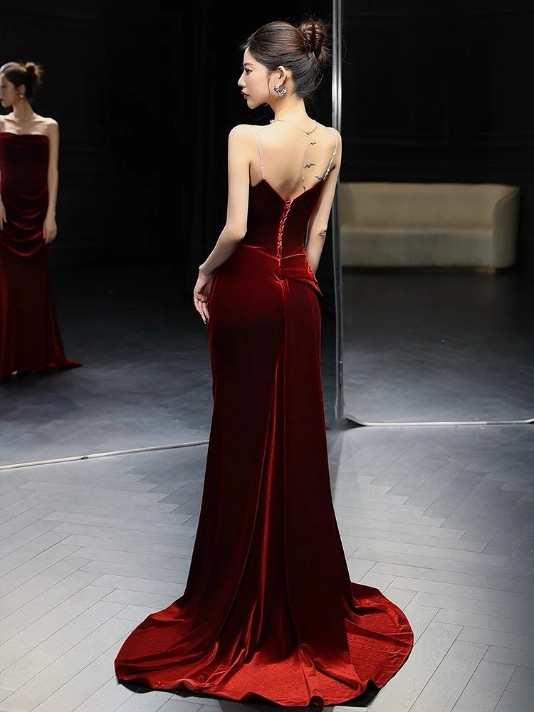 Vestidos de Noche de color rojo vino de gama alta, sirena fruncida, terciopelo adelgazante, sin mangas, espalda abierta, ocasión Formal, vestido de fiesta de cóctel y graduación
