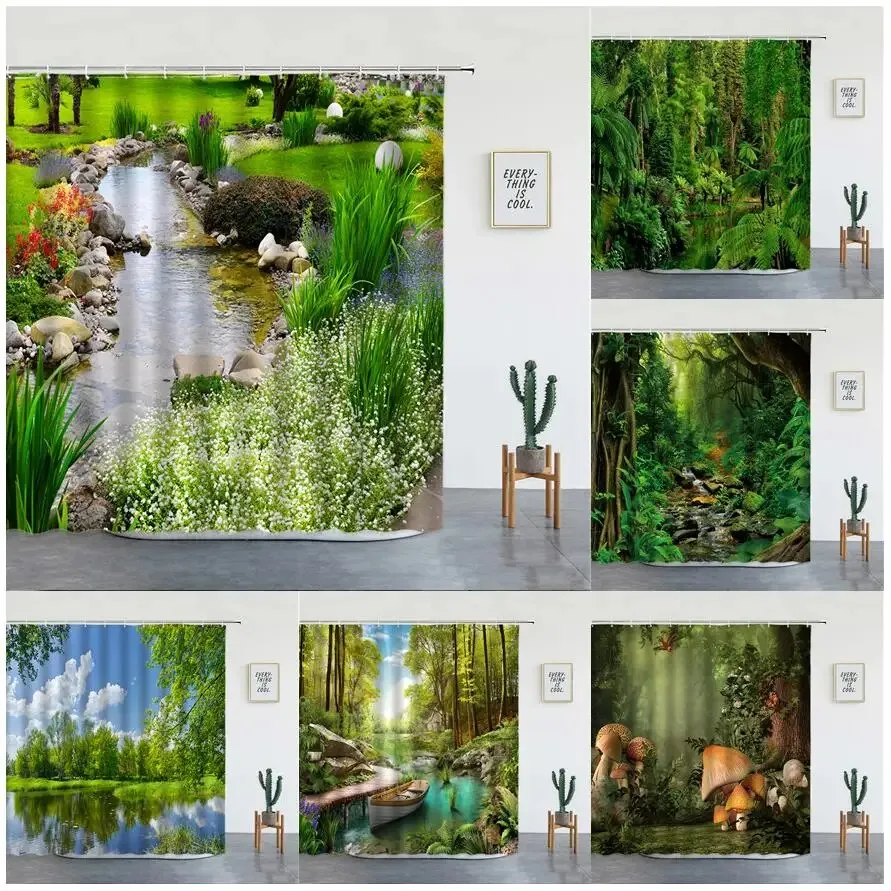 Spring Park Nature Flowers Plants Shower Curtains Set Tropical Forest Trees Landscape Polyester Fabric Bathroom Decor with Hooks