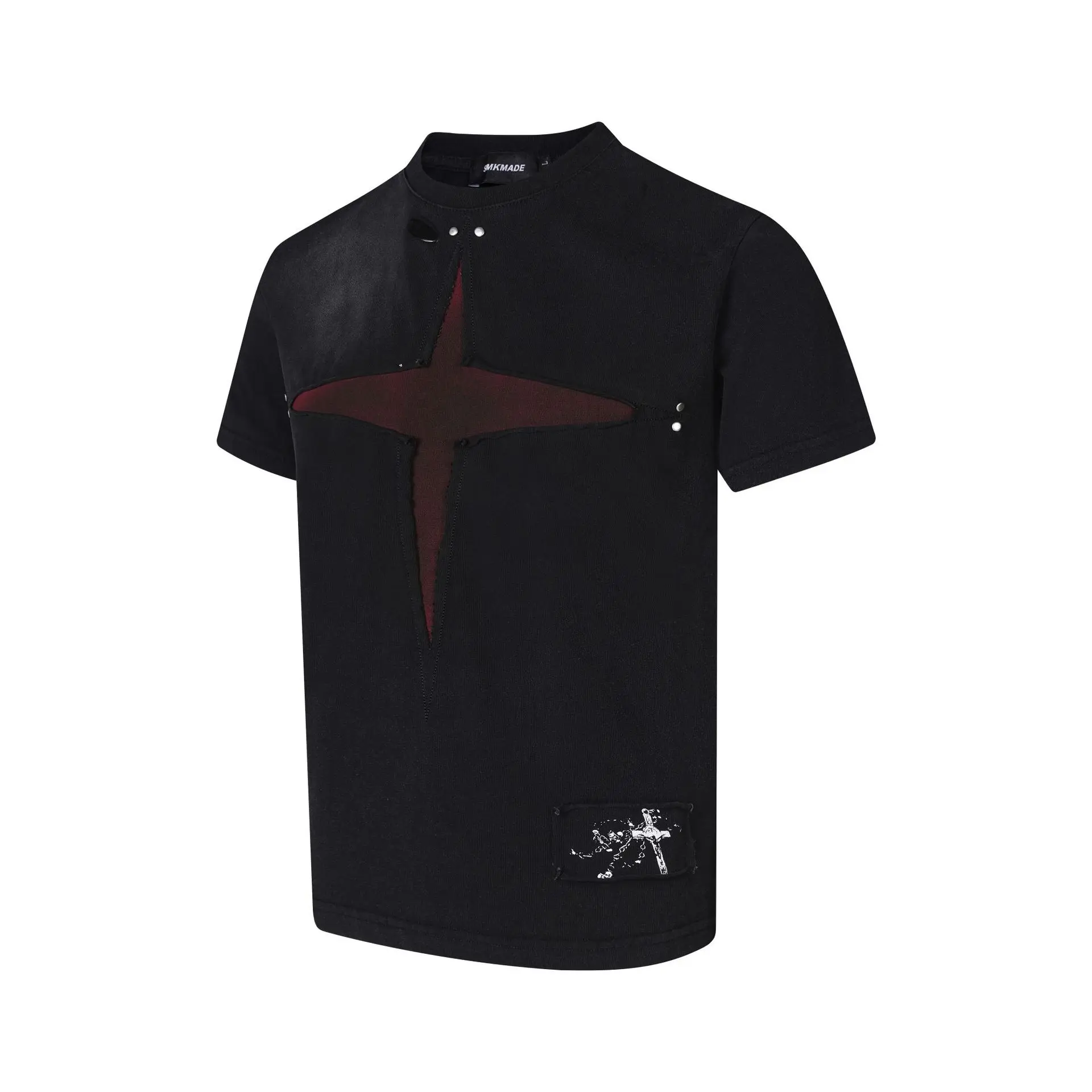 Men's Fashion High Street Ripped T Shirts Streetwear Patched Short Sleeve Tees With Patchwork Distressed Summer Tops