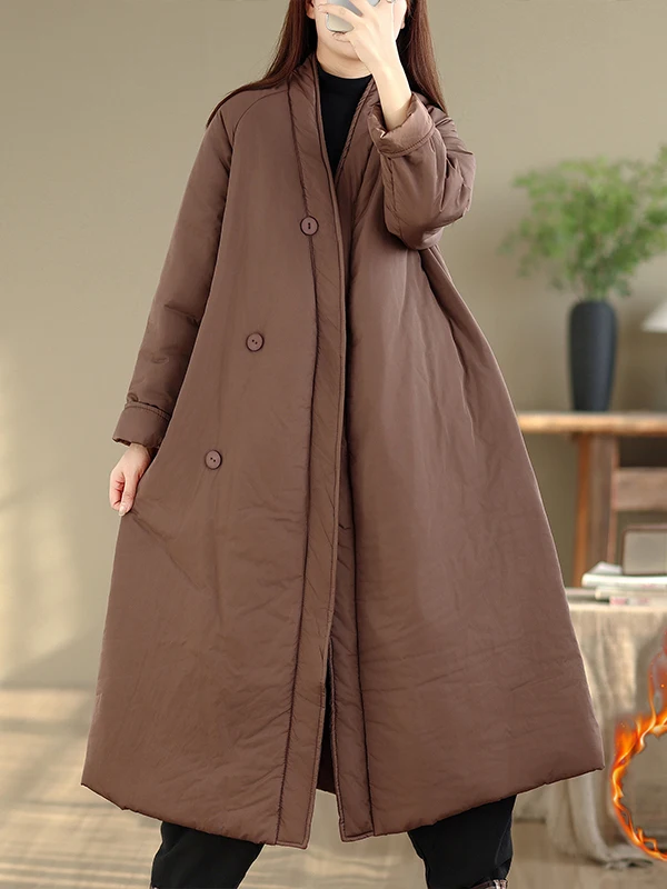 

Retro Thiened Cotton Jaet Women's Long Sve V-Ne Warm Casual Loose Sle Mid-Length Cotton Coat with Filling