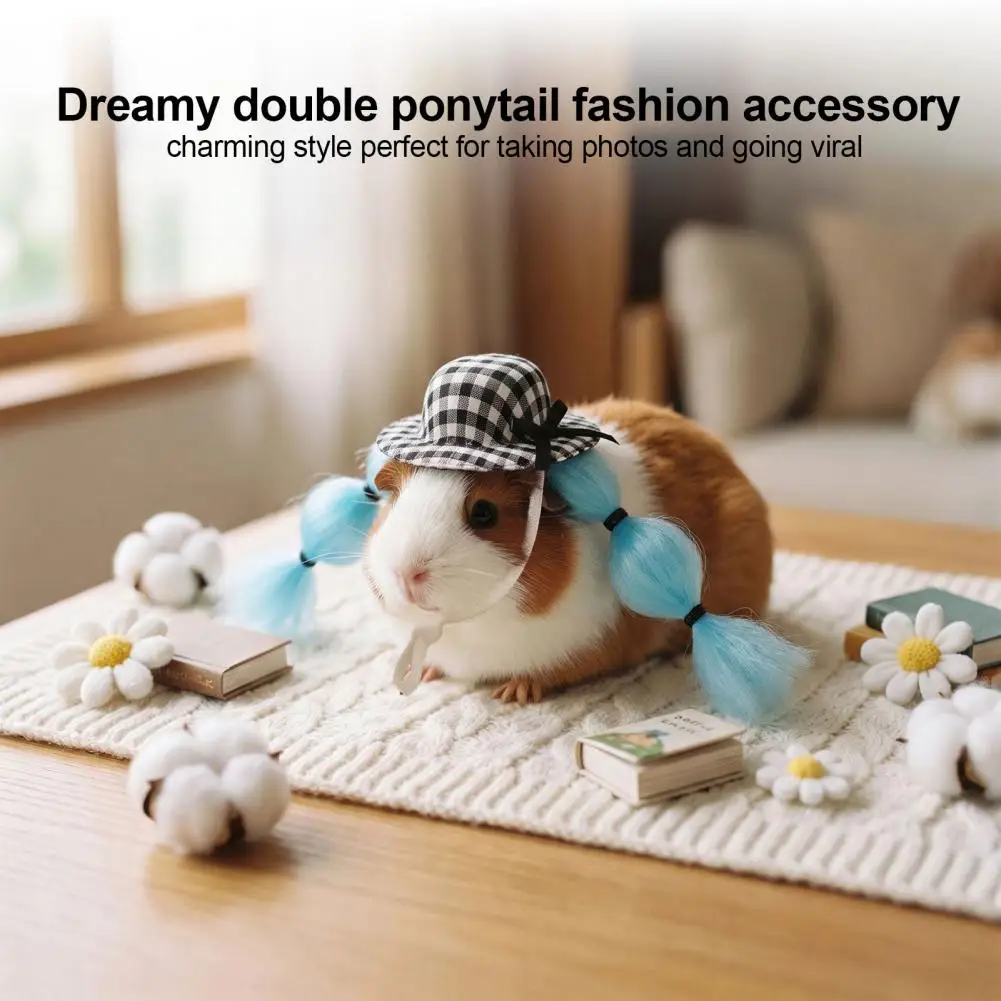 Cute Small Dress Up Props Hamster Wig Hat with Checkered Pattern Funny Braided Costume Accessory for Guinea Pigs for Gerbils
