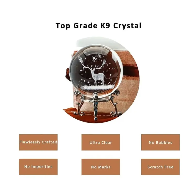1Pc 2.4 inch (60mm) 3D Laser Engraved Christmas Deer Crystal Ball with Silver Plated Trellis Home Art Decoration Christmas Gifts