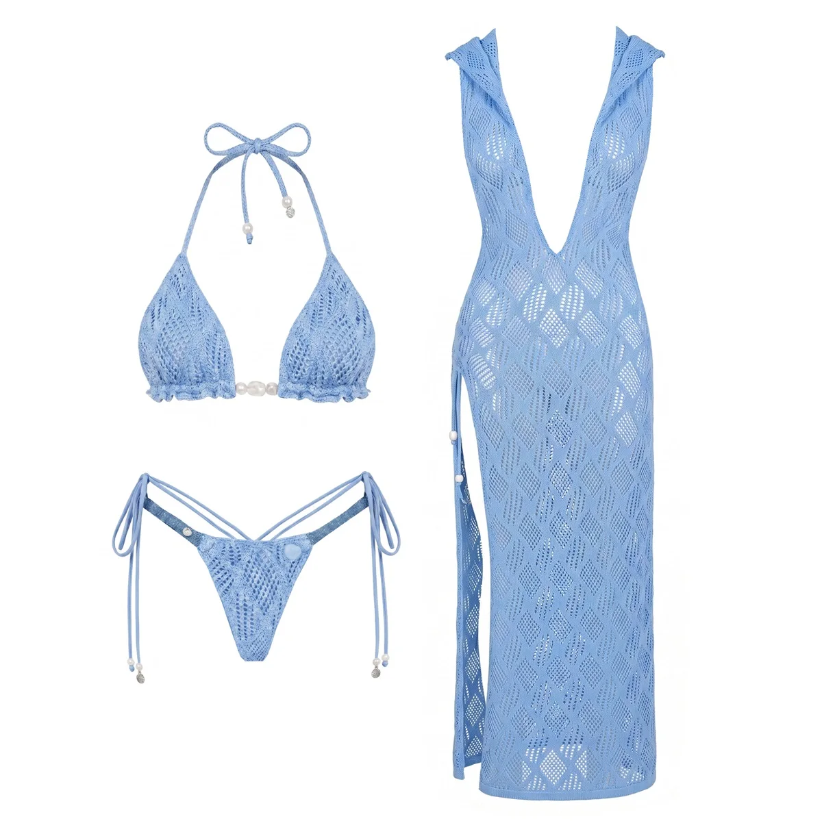 Crochet 3Pcs Sexy Bikini Set 2026 New Swimsuit Women Swimwear Dress Cover Up Swim Suit Female Biquini Blue Bathingsuit Beachwear
