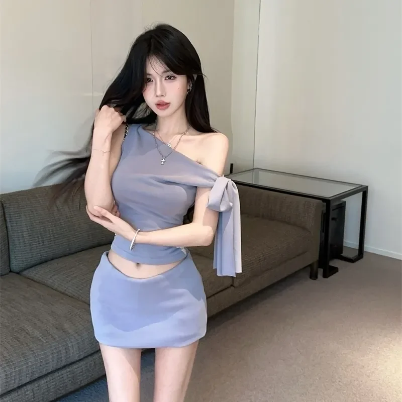 Women's Light Purple One Shoulder 2-Piece Set Side Tie Blouse High Waist Mini Skirt Elegant Casual Party Outfits