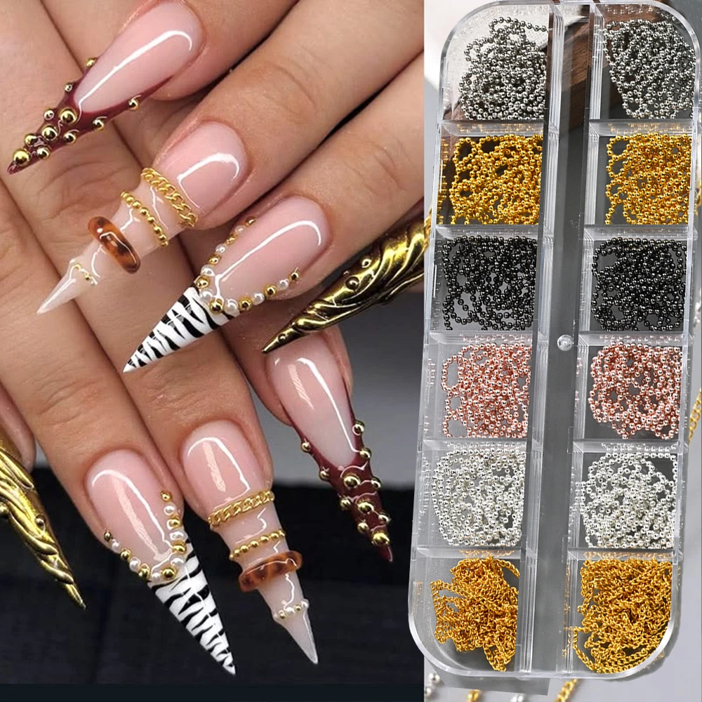 12Grids Metal Nail Art Chains Gold Silver Caviar Bead Chain Nail Studs Charms 3D Punk Metallic Chains Manicure Jewelry DIY Decor