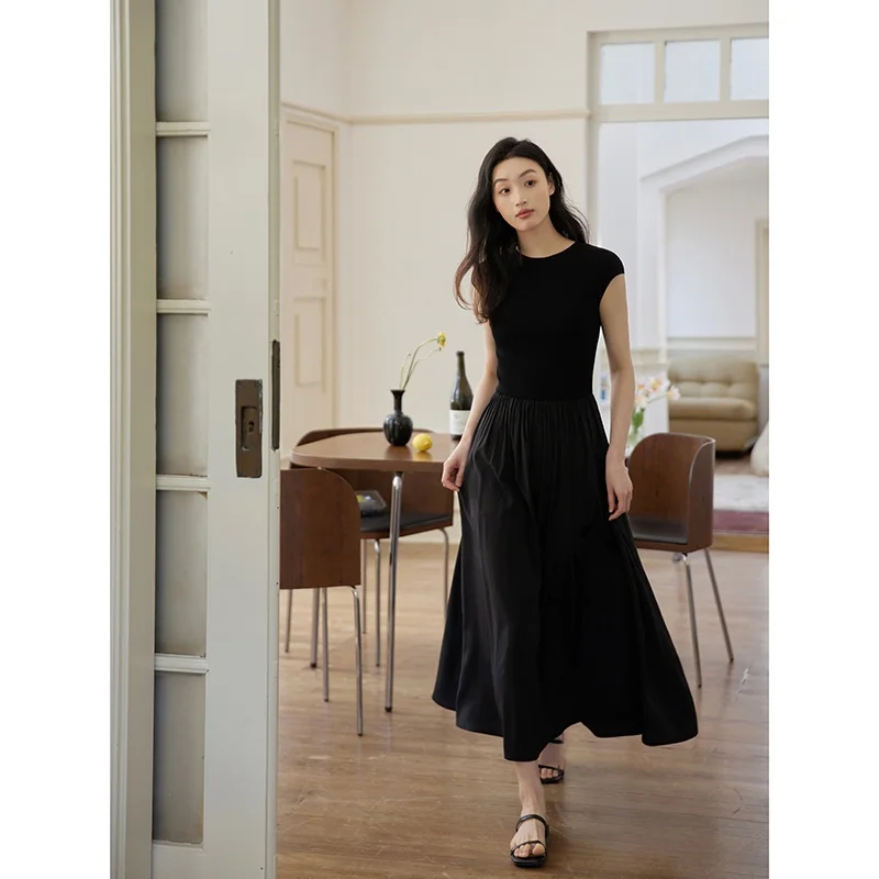 

Вязаное платье Ginnkee с круглым вырезом, облегающее, женское, летнее, А-силуэт, длинное, с эластичной талией, коротким рукавом, с завышенной талией