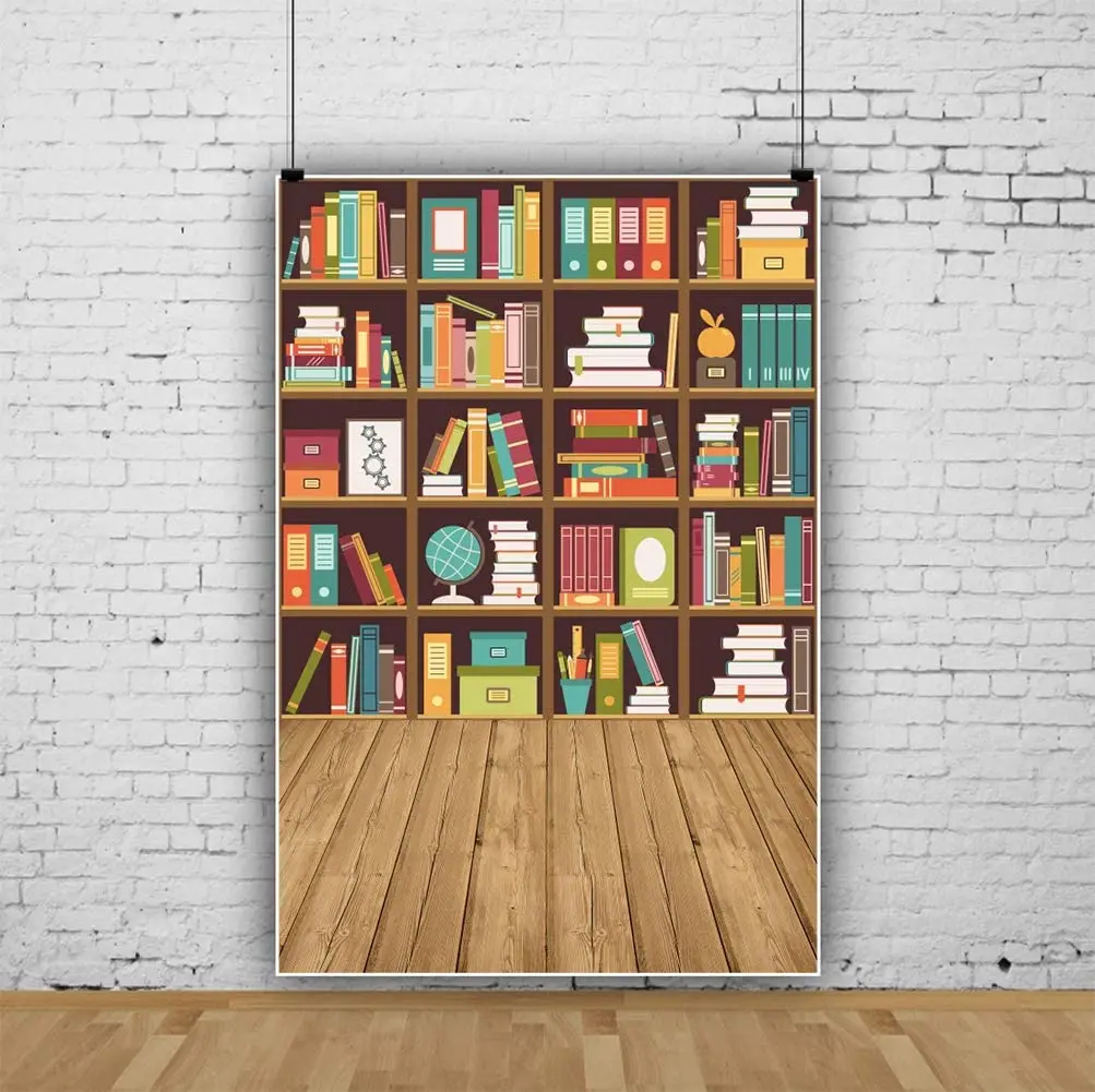 Vintage Bookcase Photography Backdrop Bookshelf Folder Books Wooden Floor Online Teach Background For Kids Student Study Room