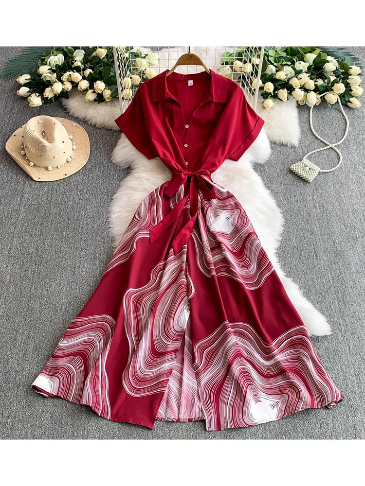 Vestido de verão feminino temperamento com decote em v único breasted camisa casual nicho impressão cintura cinching emagrecimento vestidos longos ds166