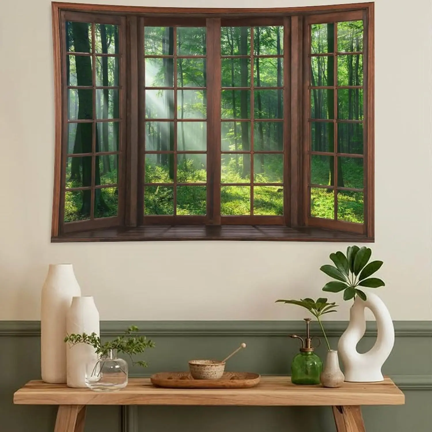 Forest Tapestry Wall Hanging Green Tree Full Scenery Window Jungle Wild Nature Landscape Print Tapestries Home Decor for Living