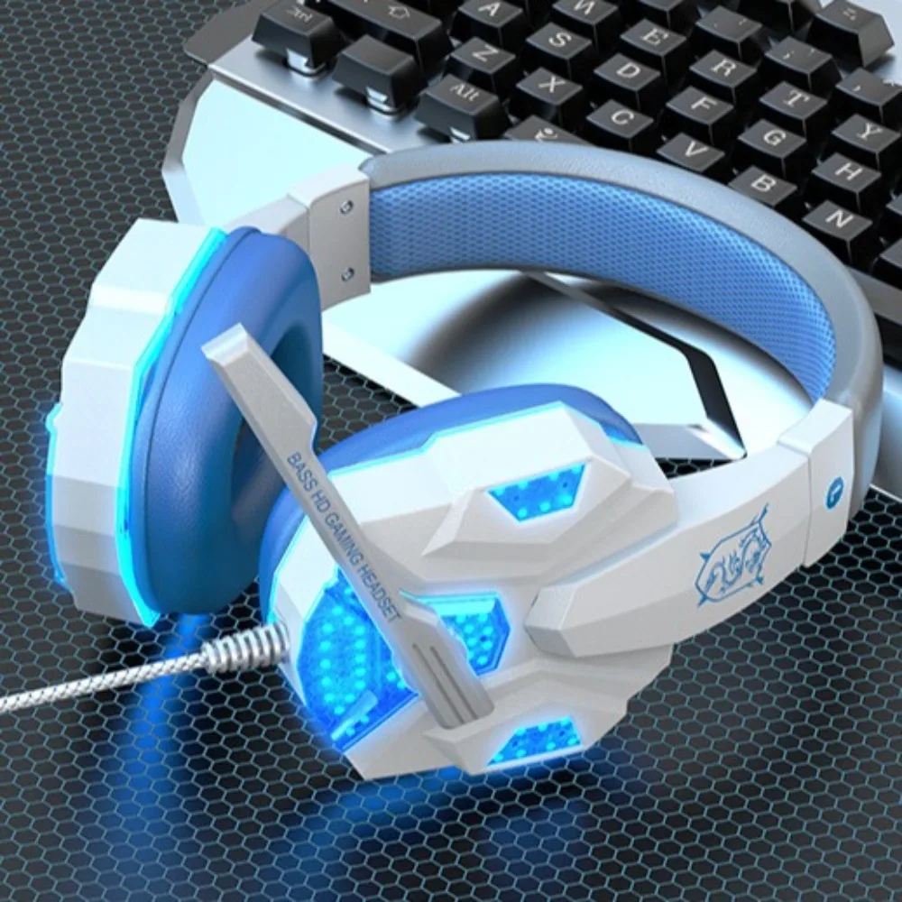 Headphone Berkabel Komputer Bercahaya dengan Mikrofon Earphone Gaming Berkabel Dapat Disesuaikan Subwoofer Penutup Telinga Besar