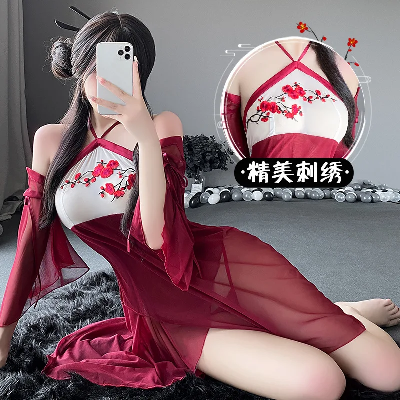 Ancient Chinese Costume Hanfu Women Erotic Lingerie Sexy Perspective Hanging Neck Plum Flower Embroidery Dress Long Sleeves Suit