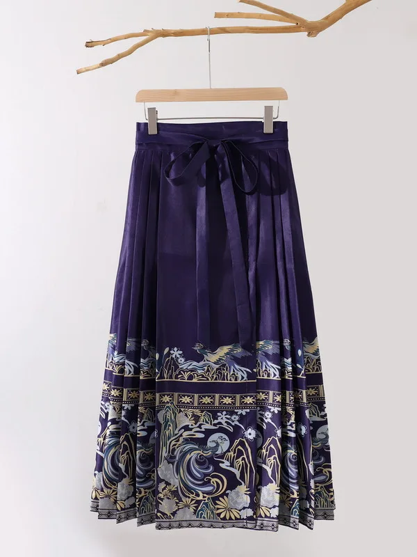 

High-End Commuter Chinese Sle f Skirt Belted Improved Traditional Hanfu Print High Waist Midi A-Line Skirt Trendy Women'...