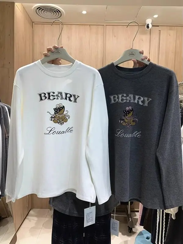 

Retro Japanese Style Winter New Korean Version Long Sleeve Dervo Cartoon Print Anti-Aging Loose Women's Base Shirt T-shirt