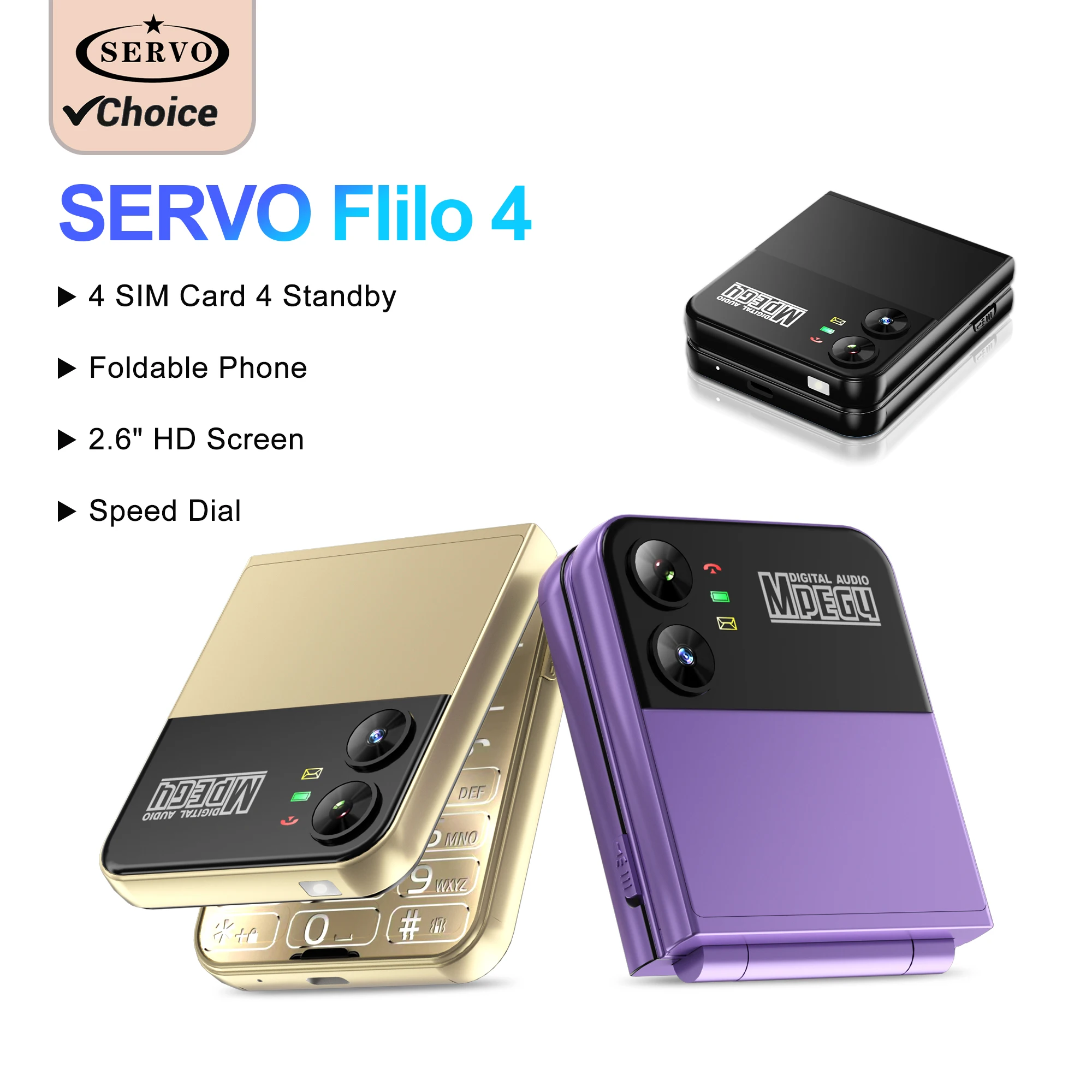 SERVO Flilo4 2G GSM Flip Phone 4 SIM Card Flashlight Automatic Call Recording 2.6Inch Screen Foldable Small Mobile Phones Type-C