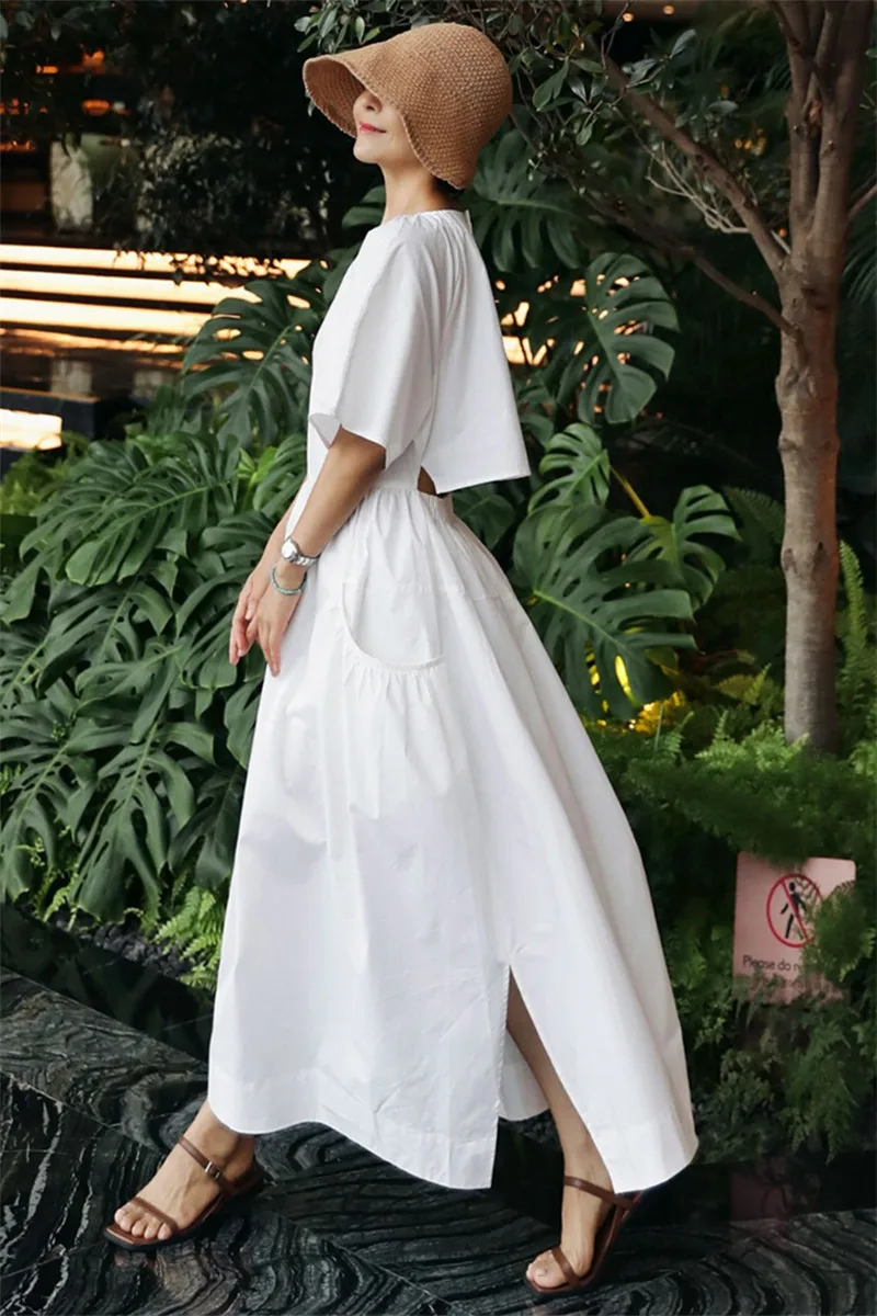 Women's Cloak Short Sleeve Maxi Dress Round Collar Back Cut Out Summer New Korean Leisure Holiday Dresses