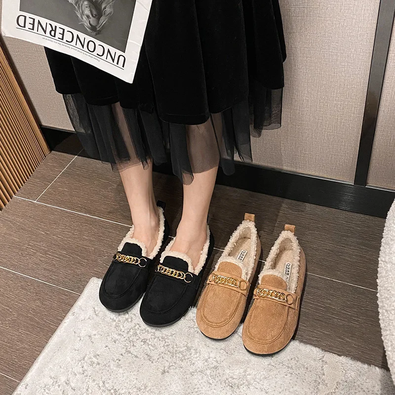 عادية امبسوول المتسكعون النساء الشقق سلاسل أحذية الشتاء فروي أحذية السيدات مبطن القطن Mocasines الدافئة الانزلاق على الأغنام فراء الأحذية #5