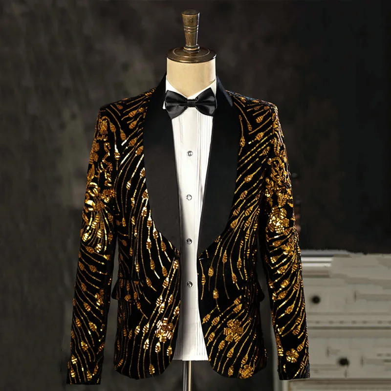 

Glitter Gold Sequins Suit Jackets Velvet Shawl Collar Slim Fit Groom Wedding Tuxedo Evening Party Banquet Singer Host Blazer