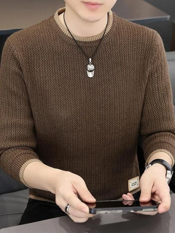 

Утепленный круглый вязаный свитер для мужчин: повседневный, универсальный, зимний, базовый трикотаж, подходит для молодежи