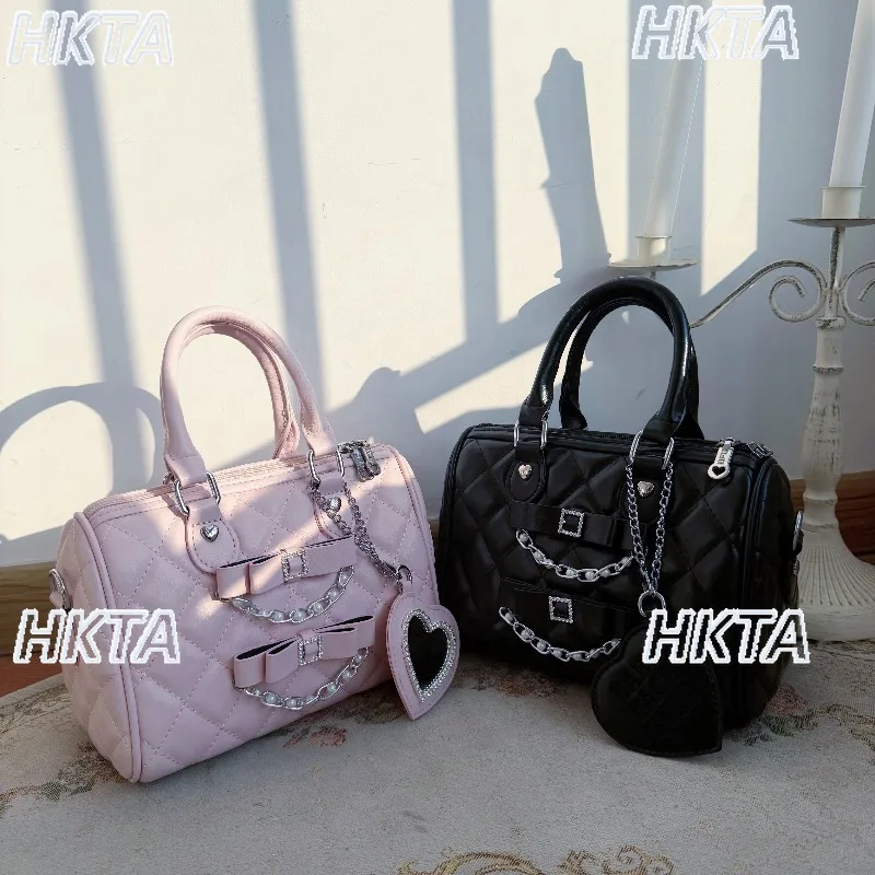 

Original Japanese Girl Pearl Bow PU Leather Bag Fashion Mines Rhinestone Bow Boston Bag Cute Lolita Japanese Style Backpack Bags