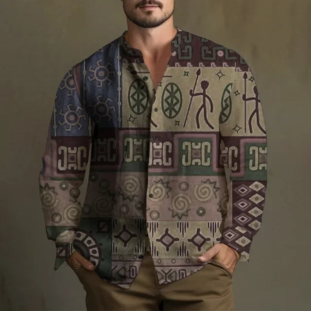 Totem vintage masculino elegante moda camisa clássica masculina quatro estações essencial casual lapela botão para baixo camisa desgaste de negócios