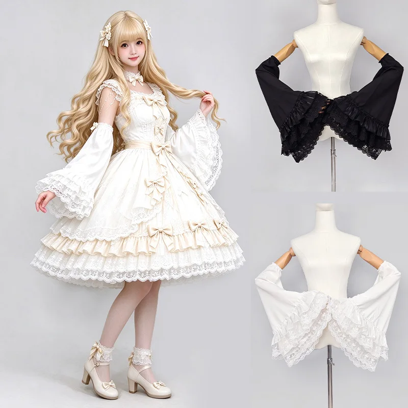 Lolita Maid Cosplay Detachable Lace Sleeves Ruffle Wrist Cuffs Victorian Gothic Arm Covers Costume Accessories Women Black White