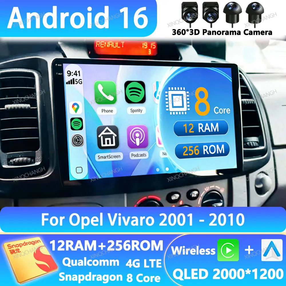 Android 16 Car Radio For Opel Vivaro Renault Trafic X83 2001 - 2010 Navigation Head Unit 2DIN 4G LTE 5G WIFI GPS QLED Qualcomm