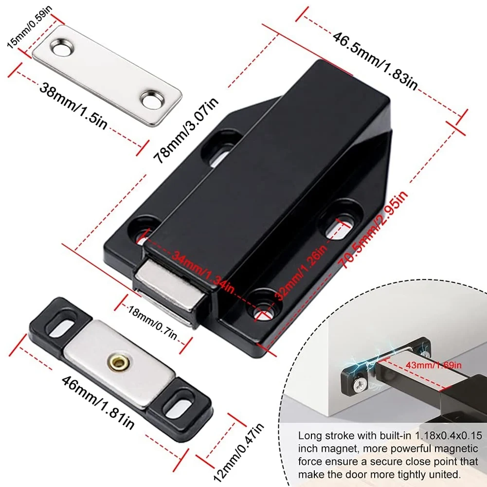 Travas de contato magnético para porta grande, empurre para abrir o hardware do armário, trava preta, resistente, pacote de 4