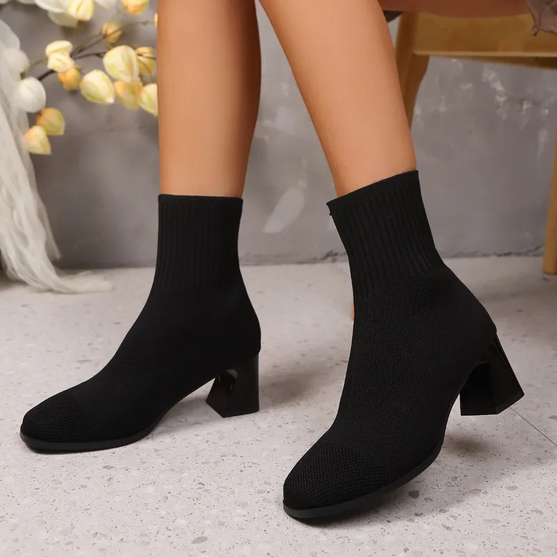 Women's Ankle Boots Knitted Heel High Heels Spring Fall and Winter Models Beige Black Yellow Fashion Women Elastic Socks Boots view 4