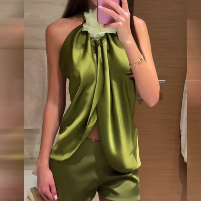 French 3D Floral Halter Backless Women Satin 2 Piece Matching Set Split Front Top High Waist Summer Vacation Luxury Shorts 2026