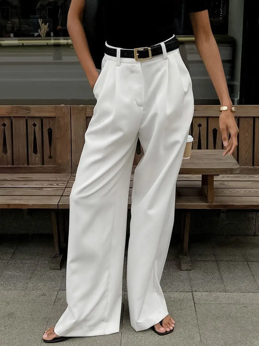 Trousers High Waist Pocket Zipper Decoration Women'S Trousers Loose Casual Straight Elegant White Suit Pants 2024