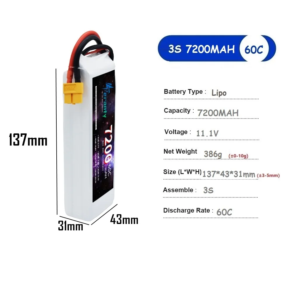 3S 7200mAh 11.1V 60C Lipo Battery Suitable for Toys Drones Remote Control Cars Boats Aircraft