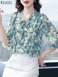 ZANZEA Fashion Summer Ladies Tops Women Flare 3/4 Sleeve Blouse Vintage Bow Tie Neck Tops Office Lady Floral Print Casual Shirt